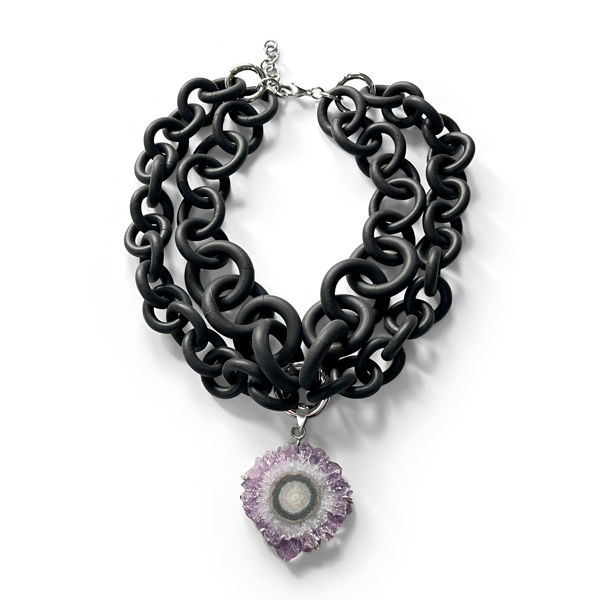 2-STRAND BLACK RUBBER NECKLACE WITH AN AMETHYST STALACTITE WRAPPED IN SILVER. by NYET JEWELRY.