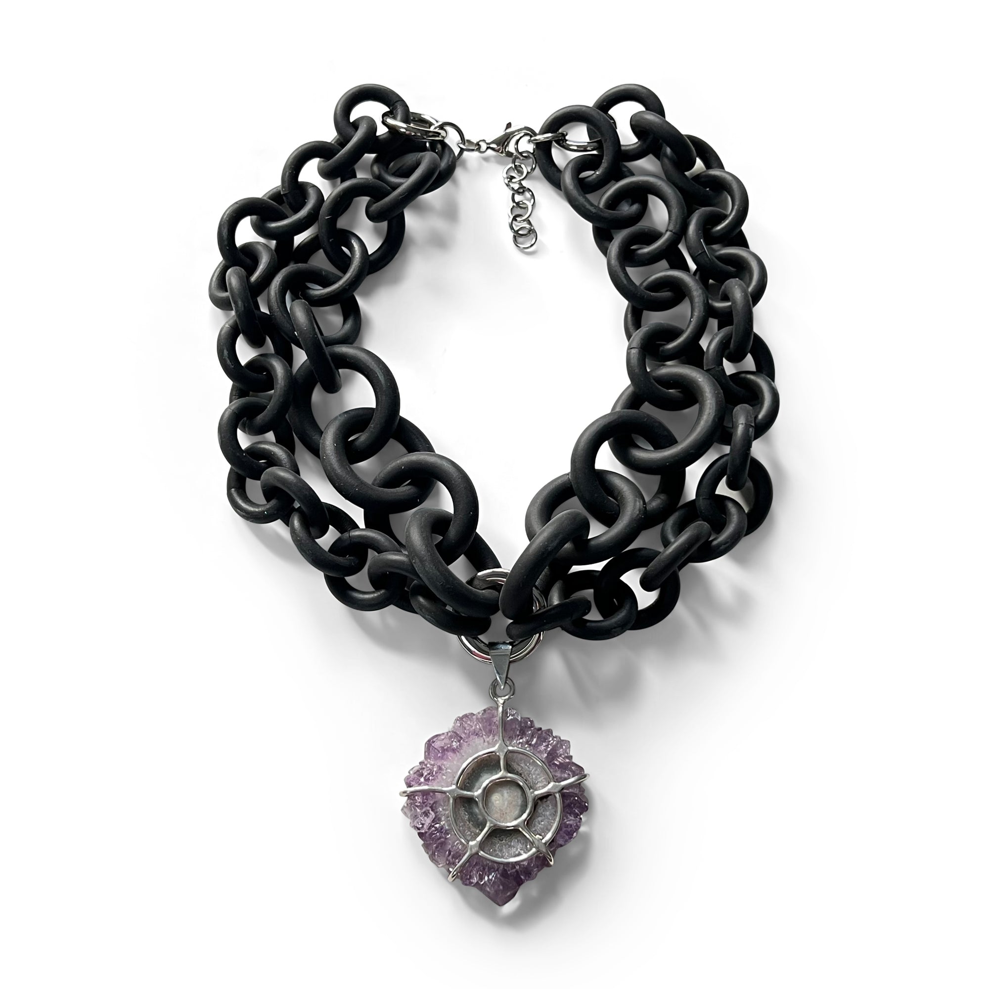 2-STRAND BLACK RUBBER NECKLACE WITH AN AMETHYST STALACTITE WRAPPED IN SILVER. by NYET JEWELRY.