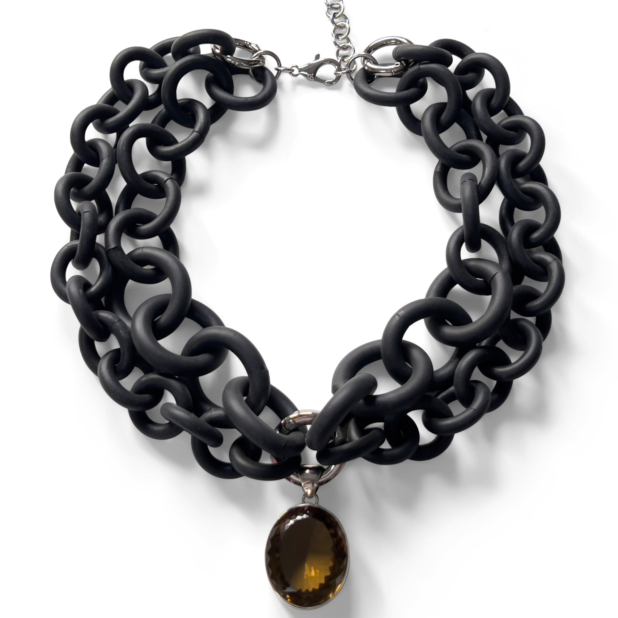 2-STRAND BLACK RUBBER NECKLACE WITH AN EXTRA LARGE LEMON TOPAZ BEZEL IN SILVER. BY NYET JEWELRY.