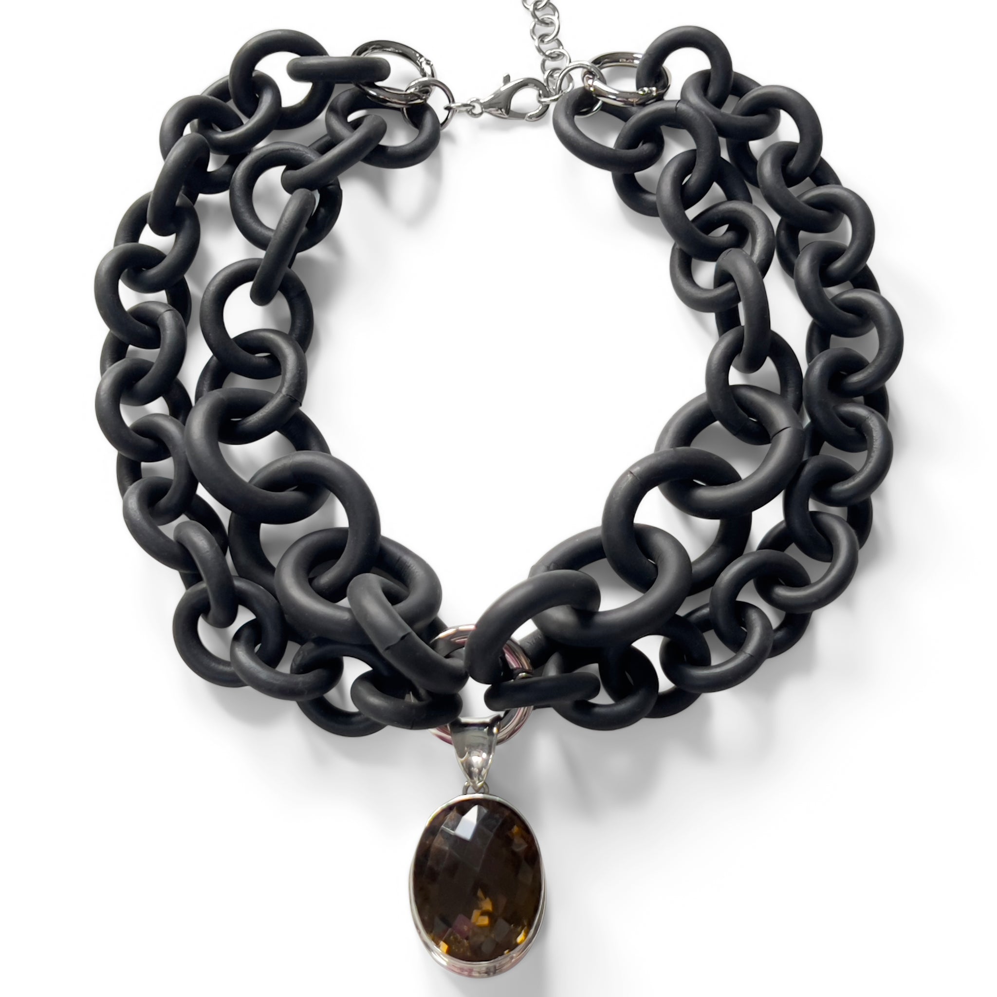 2-STRAND BLACK RUBBER NECKLACE WITH AN EXTRA LARGE LEMON TOPAZ BEZEL SET IN SILVER. BY NYET JEWELRY.