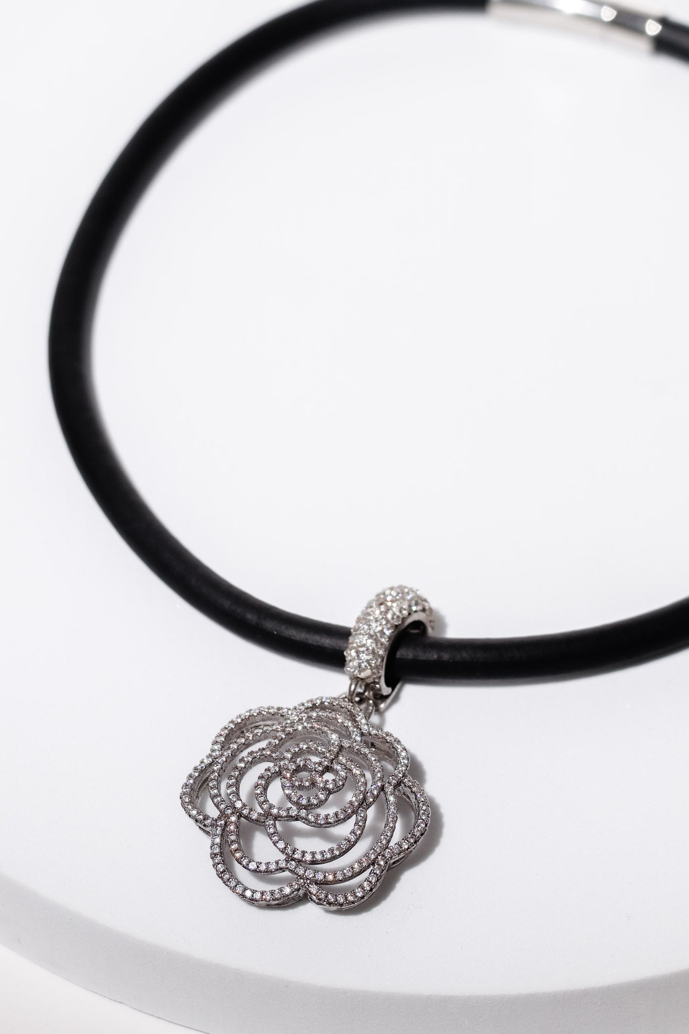 Pave CZ Camellia Flower Rubber Necklace