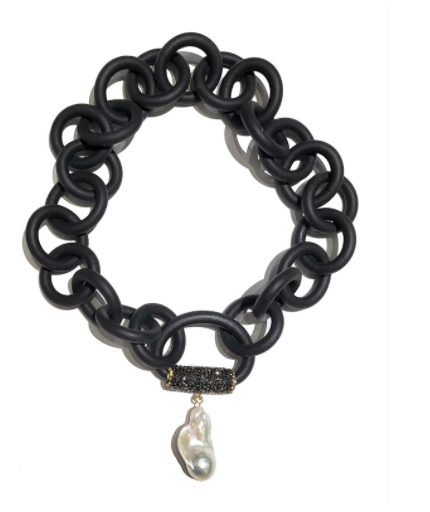 BLACK RUBBER NECKLACE WITH GENUINE LARGE BAROQUE PEARL ATTACHED TO A BAIL PAVE'S WITH AUSTRIAN CRYSTALS. BY NYET JEWELRY