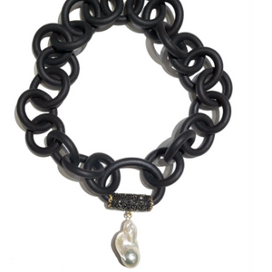 BLACK RUBBER NECKLACE WITH GENUINE LARGE BAROQUE PEARL ATTACHED TO A BAIL PAVE'S WITH AUSTRIAN CRYSTALS. BY NYET JEWELRY