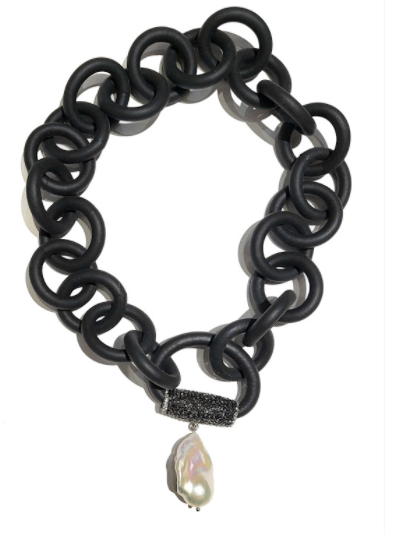 BLACK RUBBER NECKLACE WITH GENUINE LARGE BAROQUE PEARL ATTACHED TO A BAIL PAVE'S WITH AUSTRIAN CRYSTALS. BY NYET JEWELRY