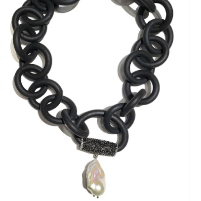 BLACK RUBBER NECKLACE WITH GENUINE LARGE BAROQUE PEARL ATTACHED TO A BAIL PAVE'S WITH AUSTRIAN CRYSTALS. BY NYET JEWELRY