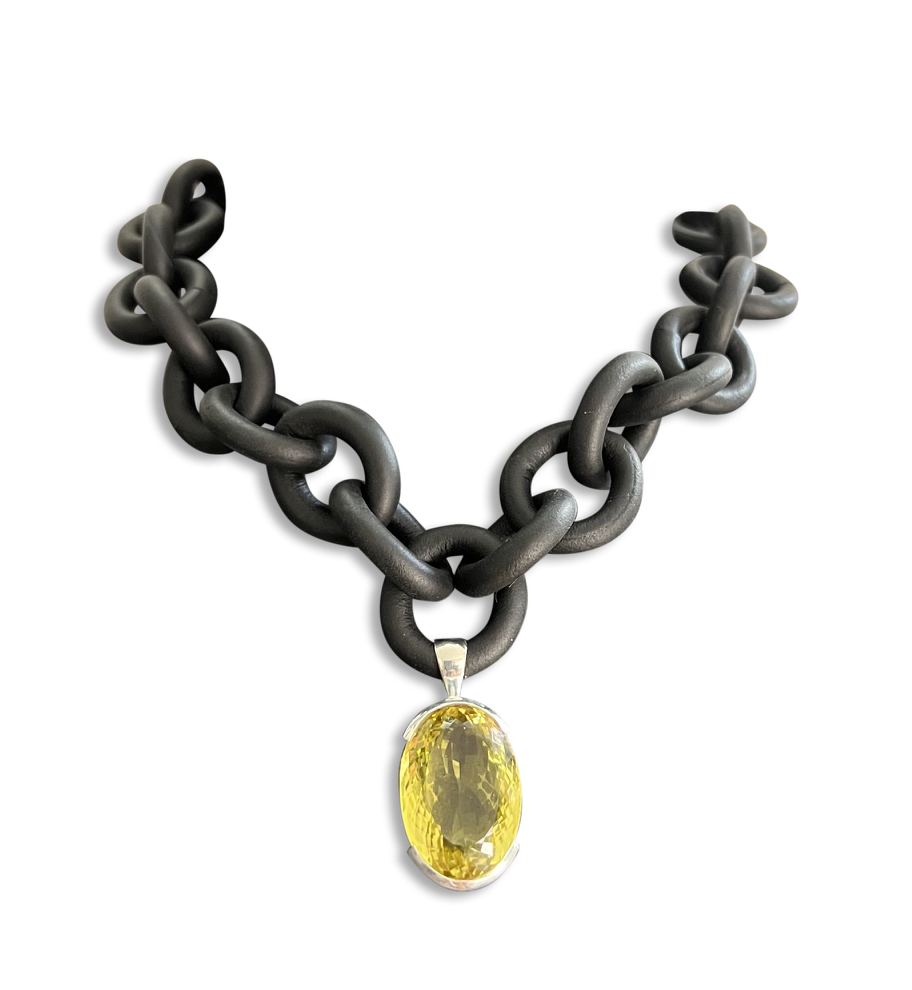 Oval Lemon Topaz and Rubber Necklace