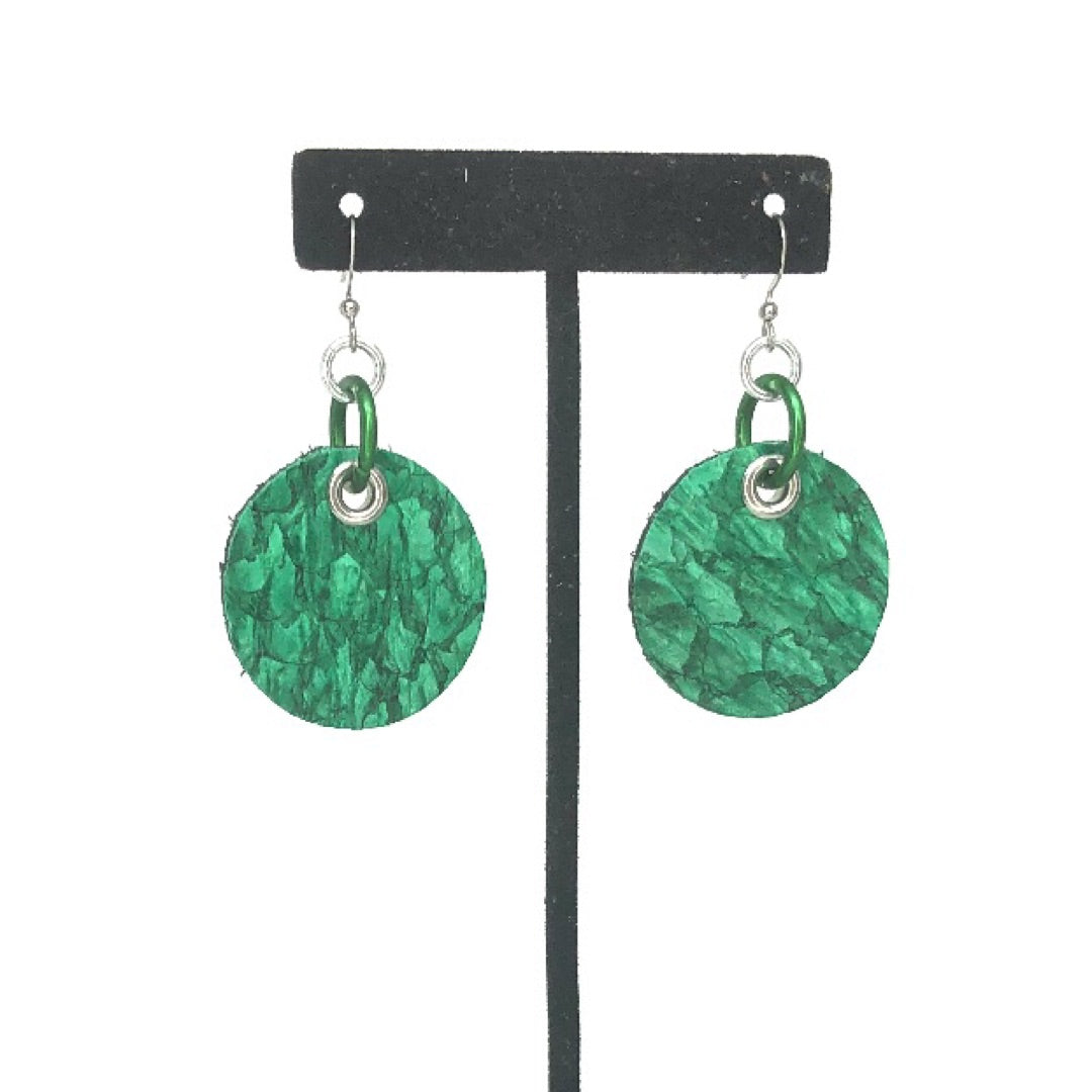 FISH LEATHER ROUND EARRINGS. By NYET Jewelry.