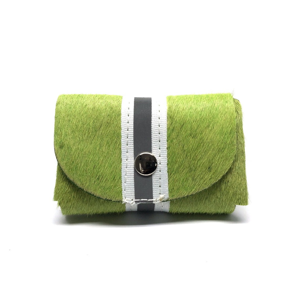 GRASS GREEN HAIR-ON COWHIDE 2-COMPARTMENT WALLET WITH SNAP CLOSURE. By NYET Jewelry.