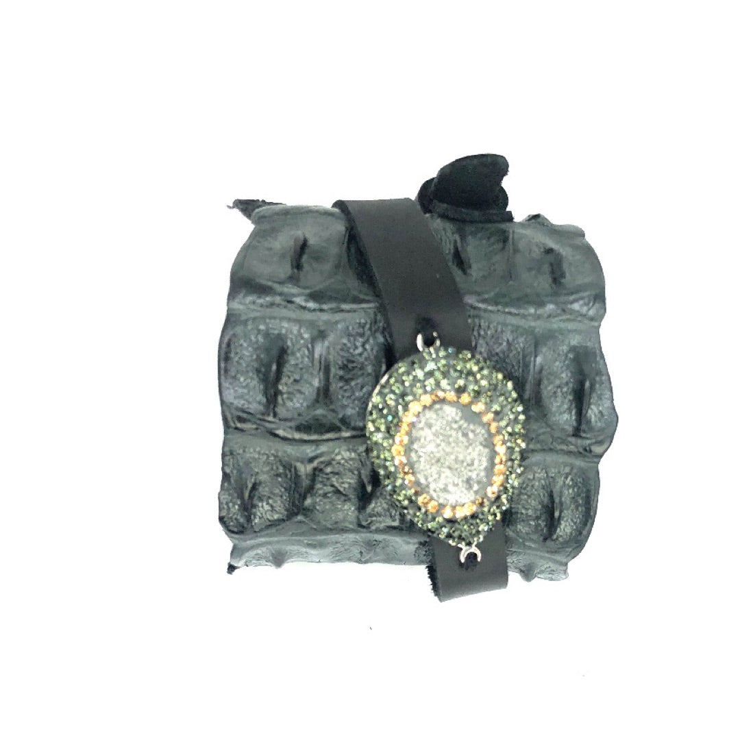 FARM-RAISED CROCODILE LEATHER CUFF WITH PAVE RHINESTONES ADORNMENT AND ADJUSTABLE BUCKLE. By NYET Jewelry.