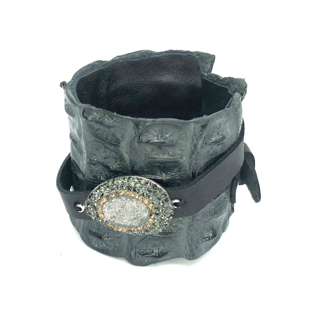 FARM-RAISED CROCODILE LEATHER CUFF WITH PAVE RHINESTONES ADORNMENT AND ADJUSTABLE BUCKLE. By NYET Jewelry.