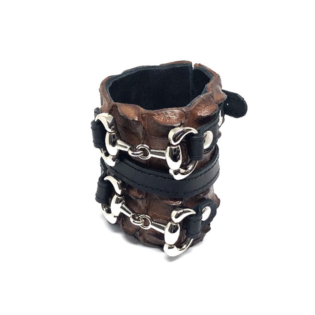 FARM-RAISED CROCODILE LEATHER CUFF WITH 2 D-RING HORSE BITS AND ADJUSTABLE BUCKLE. By NYET Jewelry.