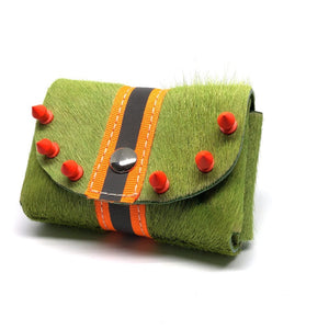 GRASS GREEN HAIR-ON COWHIDE 2-COMPARTMENT WALLET WITH SNAP CLOSURE. By NYET Jewelry.