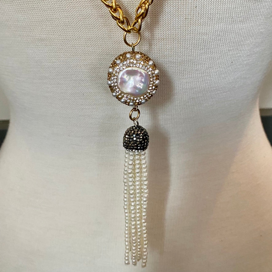 LONG LARIAT MADE OF BRAIDED 6MM STAINLESS STEEL CHAIN WITH PAVE CRYSTAL-AND-PEARL BEADS AND PEARL TASSEL.by NYET Jewelry