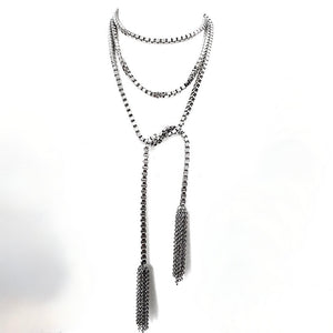 EXTRA LONG STAINLESS STEEL LARIAT NECKLACE WITH CHAIN TASSELS. by NYET Jewelry.