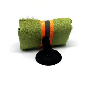 GRASS GREEN HAIR-ON COWHIDE 2-COMPARTMENT WALLET WITH SNAP CLOSURE. By NYET Jewelry.