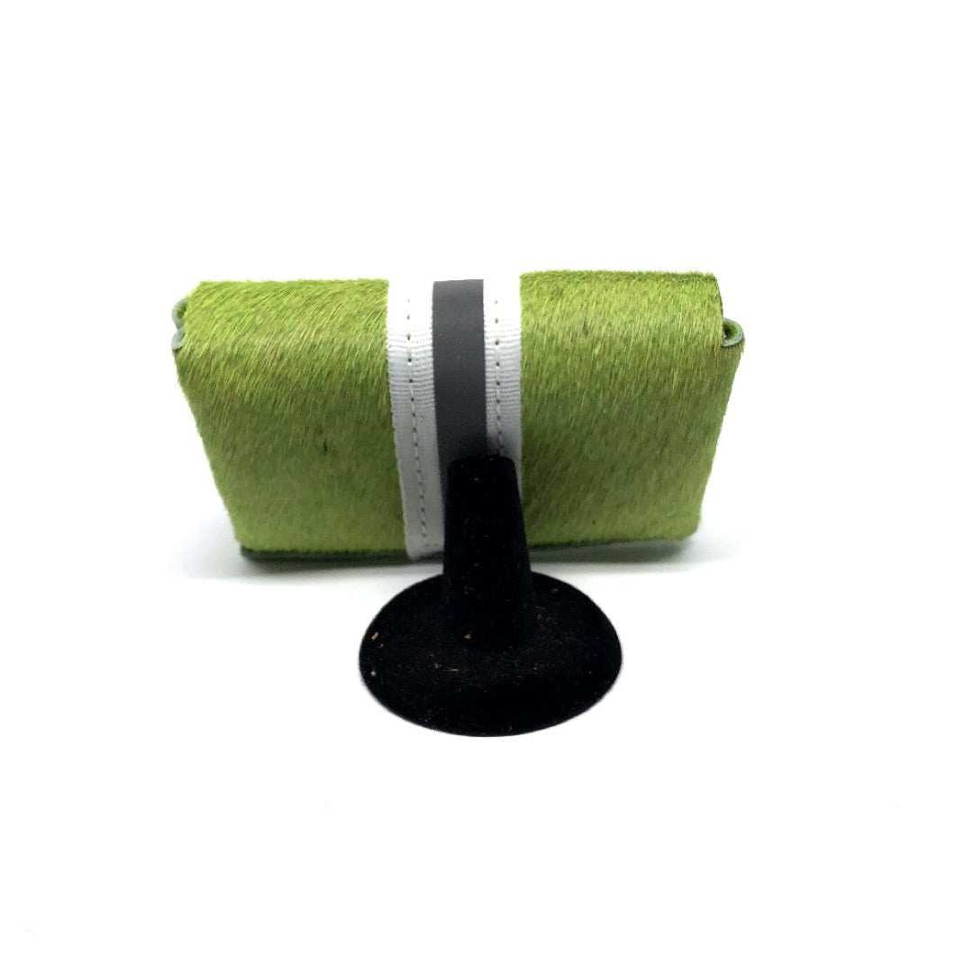 GRASS GREEN HAIR-ON COWHIDE 2-COMPARTMENT WALLET WITH SNAP CLOSURE. By NYET Jewelry.