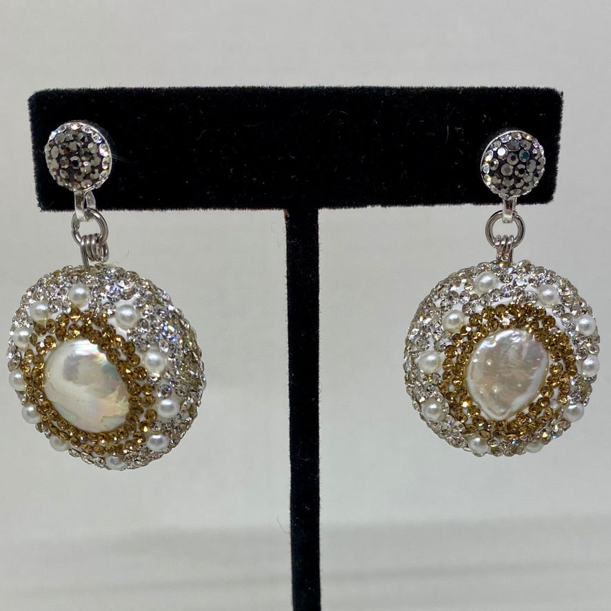 PAVE CRYSTAL-AND-PEARL BEADS EARRINGS. by NYET Jewelry