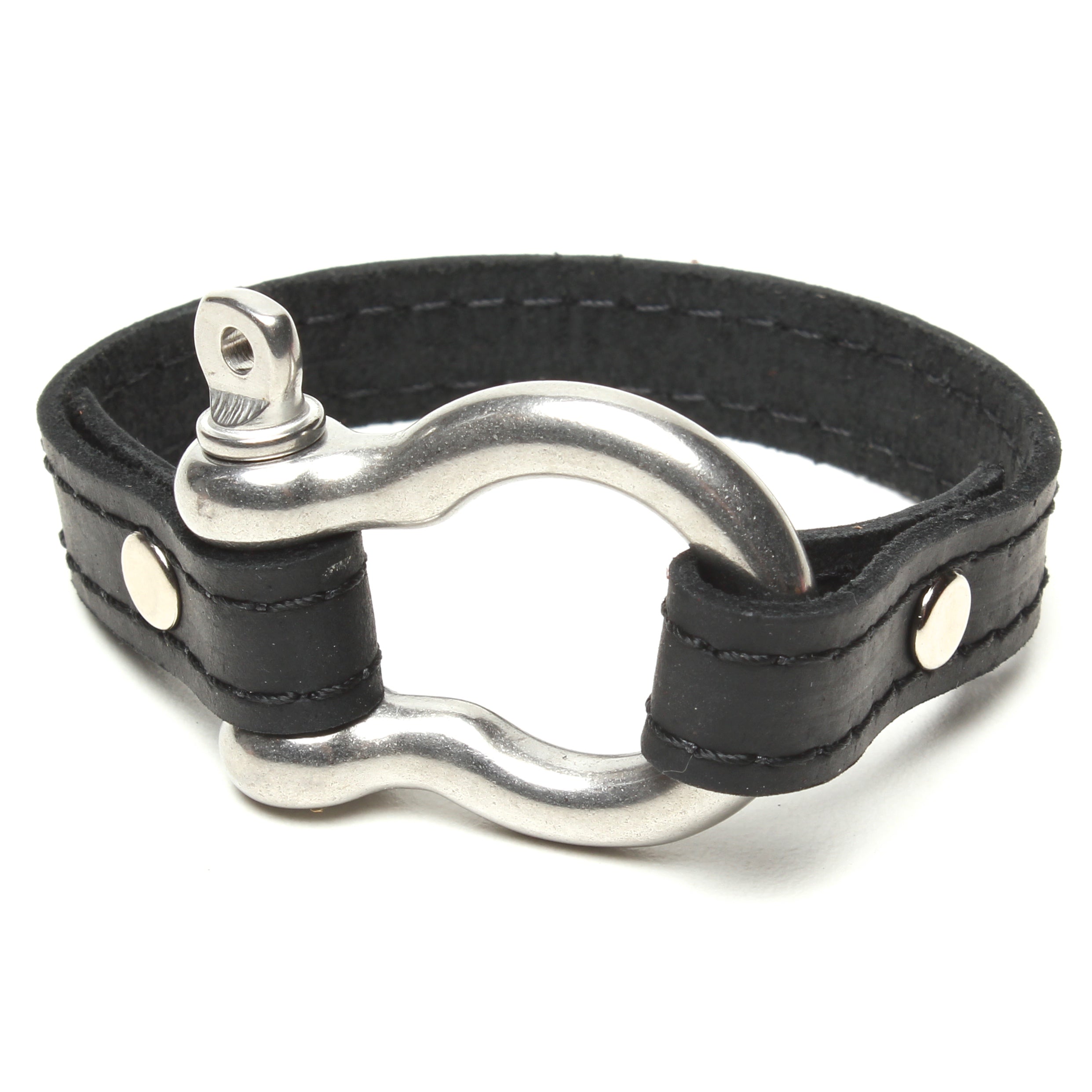 SIGNATURE STITCHED LEATHER AND STAINLESS STEEL SHACKLE BY NYET JEWELRY.