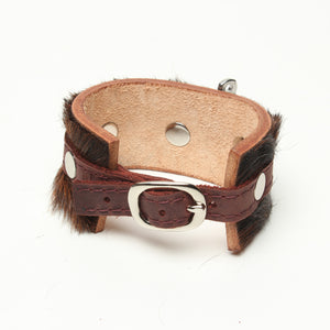 Shackle Latigo cuff Hair On Cowhide by NYET Jewelry.