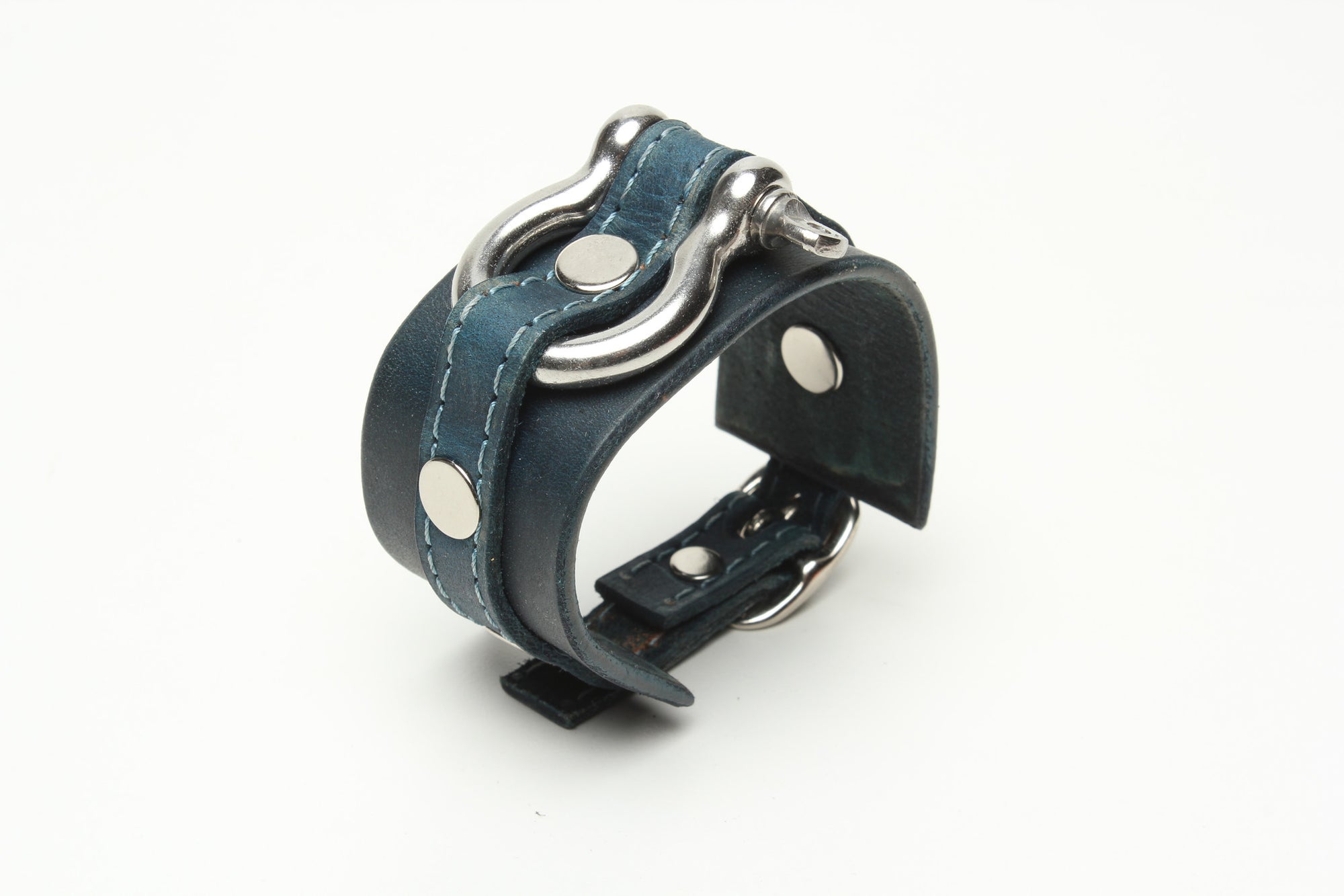 LATIGO LEATHER CUFF WITH ANCHOR SHACKLE denim blue by nyet jewelry.