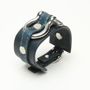 LATIGO LEATHER CUFF WITH ANCHOR SHACKLE denim blue by nyet jewelry.
