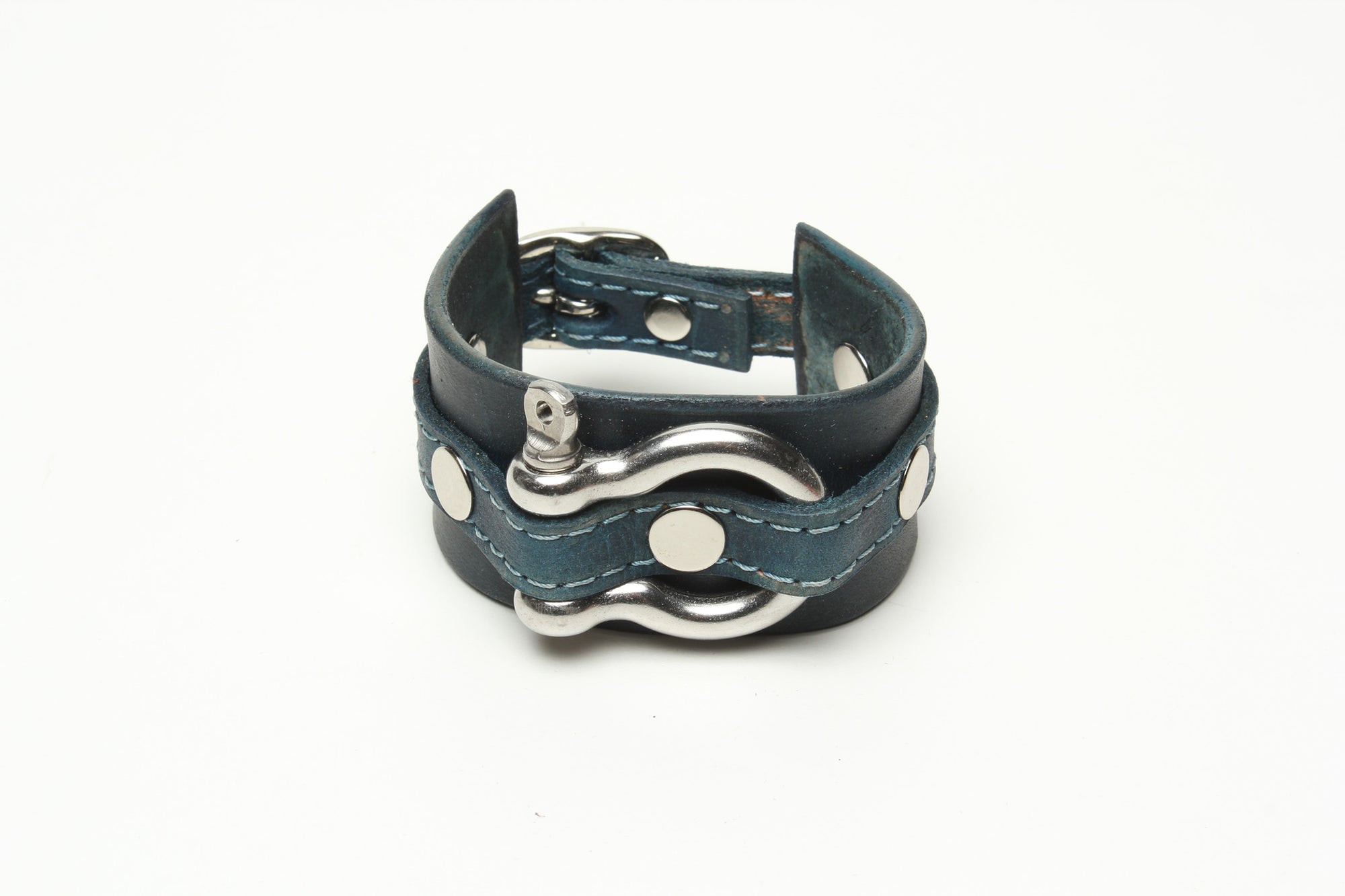 LATIGO LEATHER CUFF WITH ANCHOR SHACKLE denim blue by nyet jewelry.