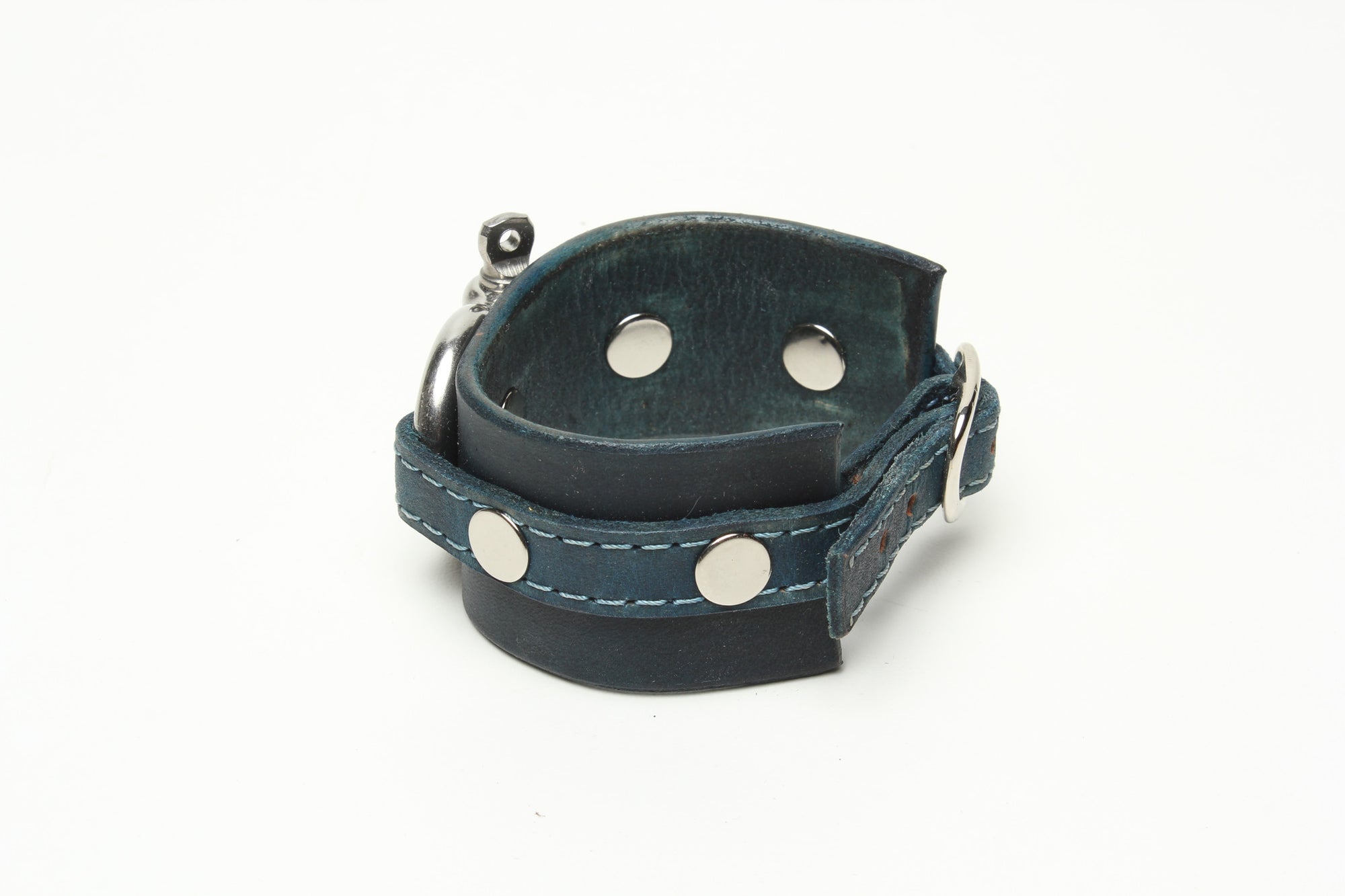 LATIGO LEATHER CUFF WITH ANCHOR SHACKLE denim blue by nyet jewelry.