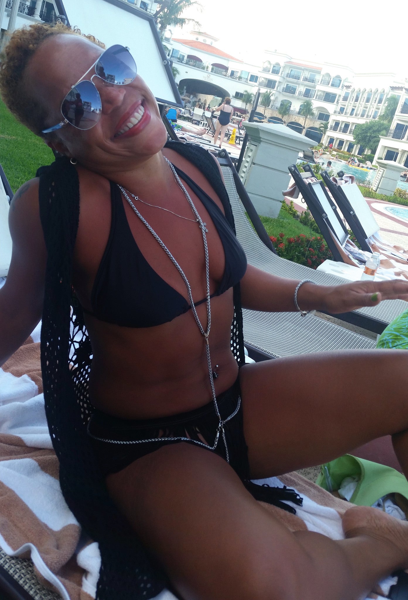 Customer wearing her made-to-order NYET Exuma Sound Body Necklace