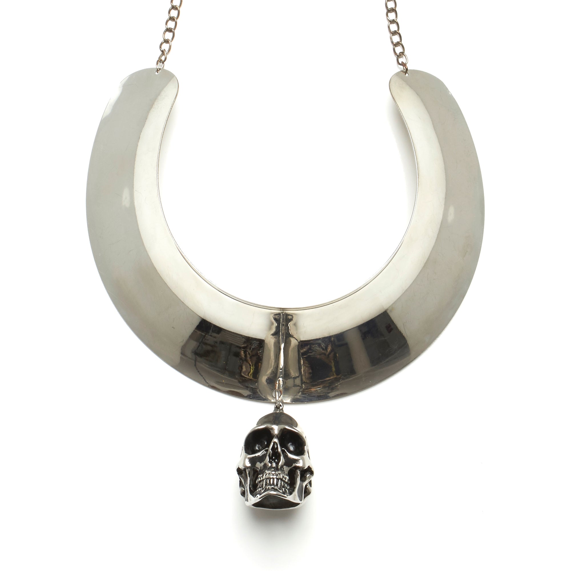 THICK TORQUE NECKLACE WITH LARGE STAINLESS STEEL SKULL PENDENT. BY NYET JEWELRY.