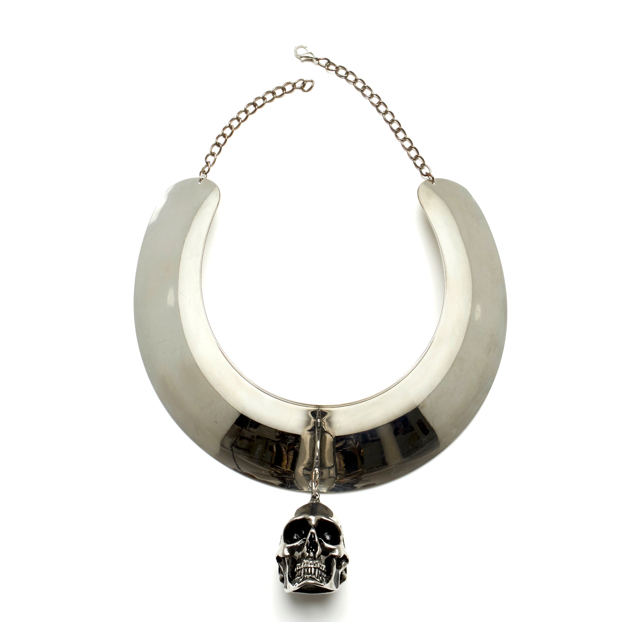 THICK TORQUE NECKLACE WITH LARGE STAINLESS STEEL SKULL PENDENT. BY NYET JEWELRY.