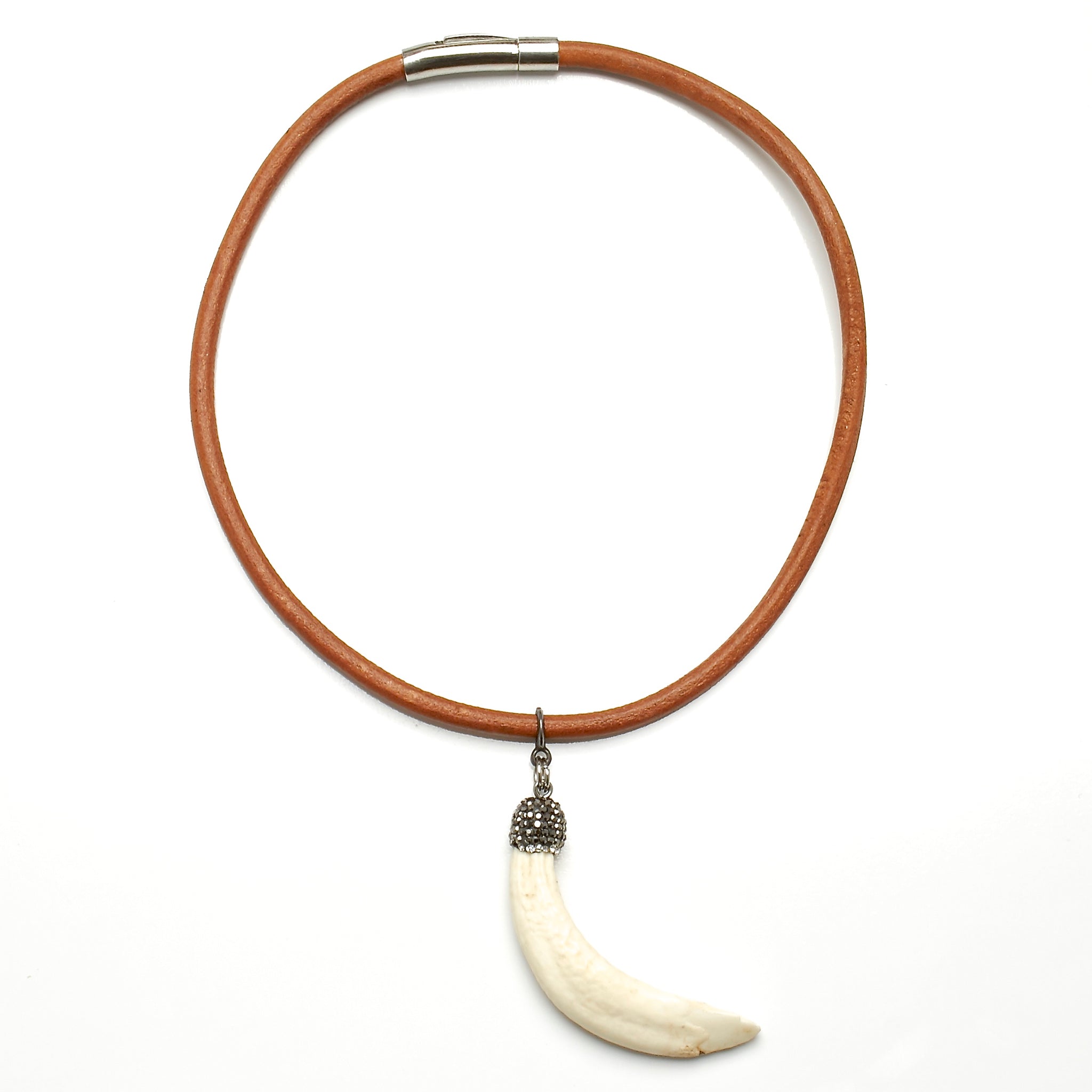 5 MM ROUND LEATHER NECKLACE WITH WILD BOAR'S TOOTH PENDANT AND RHINESTONES. by nyet jewelry.