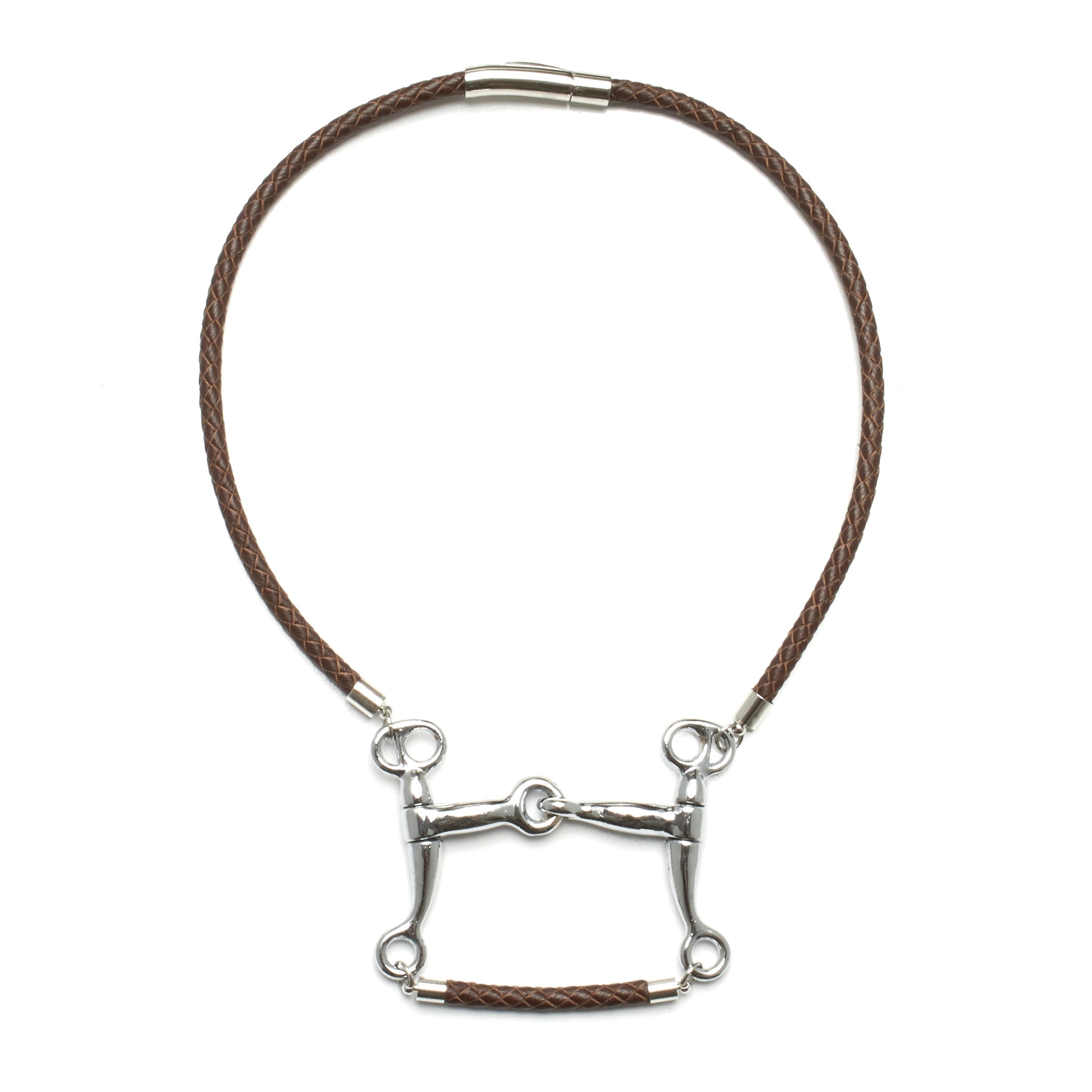 5 MM ROUND BRAIDED LEATHER NECKLACE WITH PELHAM HORSE BIT PENDANT AND LEATHER BAR by nyet jewelry