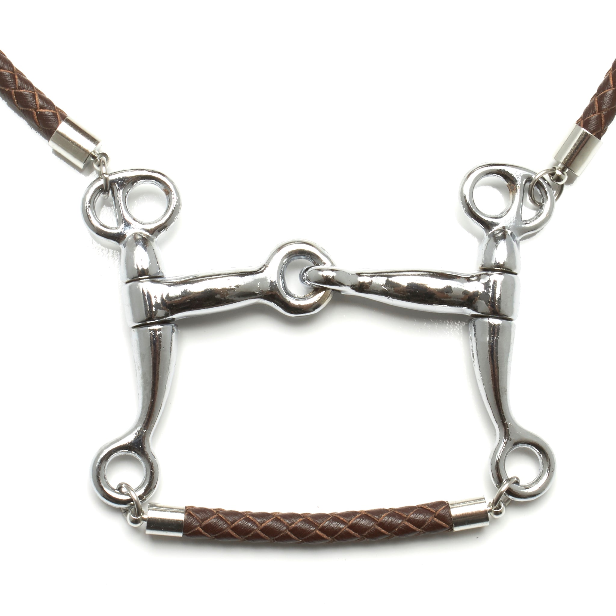 5 MM ROUND BRAIDED LEATHER NECKLACE WITH PELHAM HORSE BIT PENDANT AND LEATHER BAR by nyet jewelry