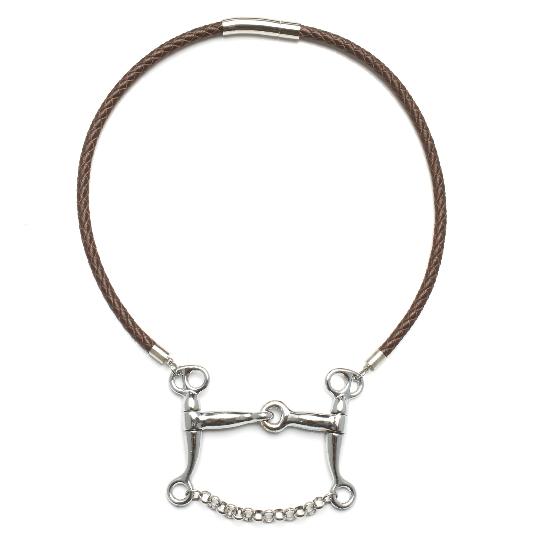 5 MM ROUND BRAIDED LEATHER NECKLACE WITH PELHAM HORSE BIT PENDANT AND CHAIN by nyet jewelry