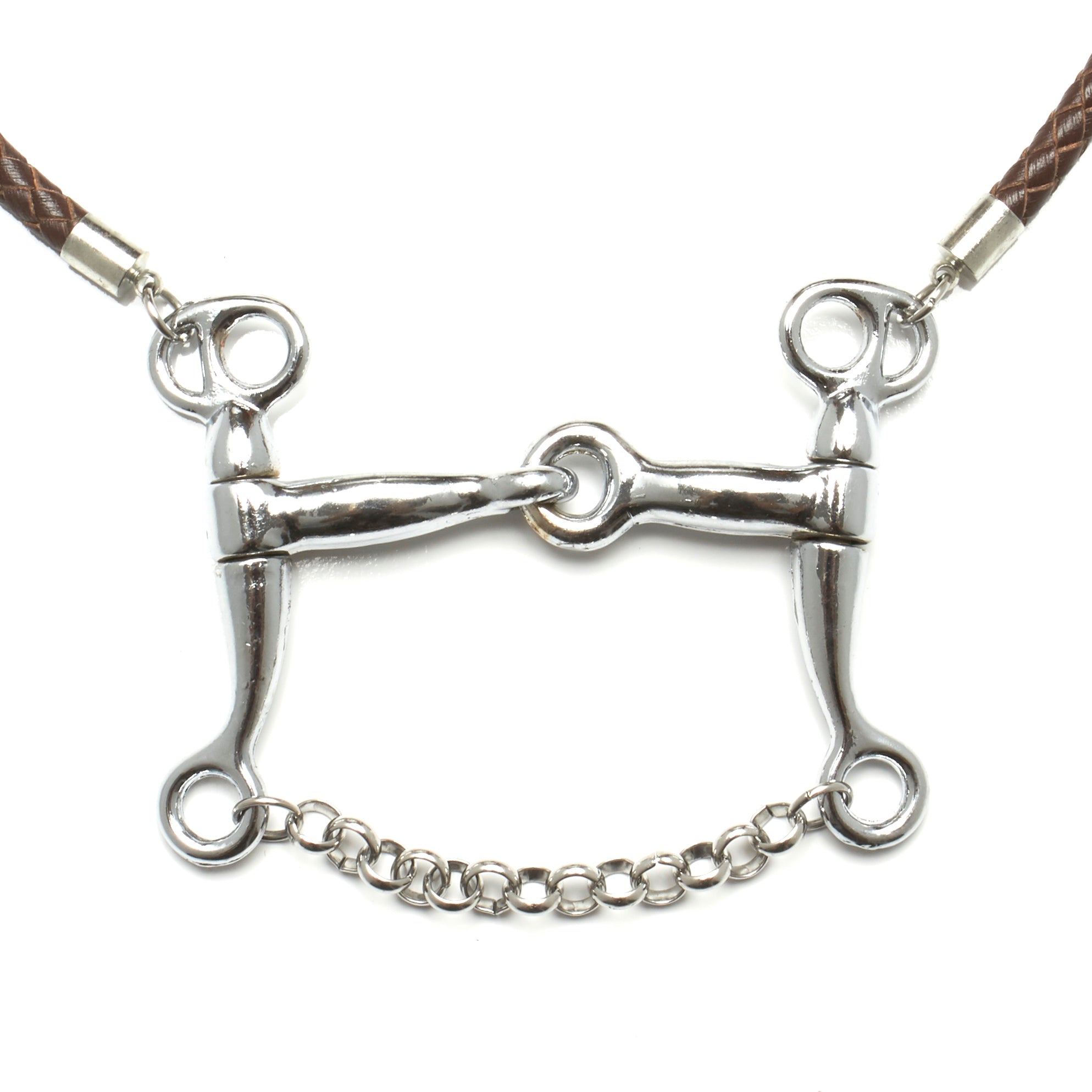 5 MM ROUND BRAIDED LEATHER NECKLACE WITH PELHAM HORSE BIT PENDANT AND CHAIN by nyet jewelry