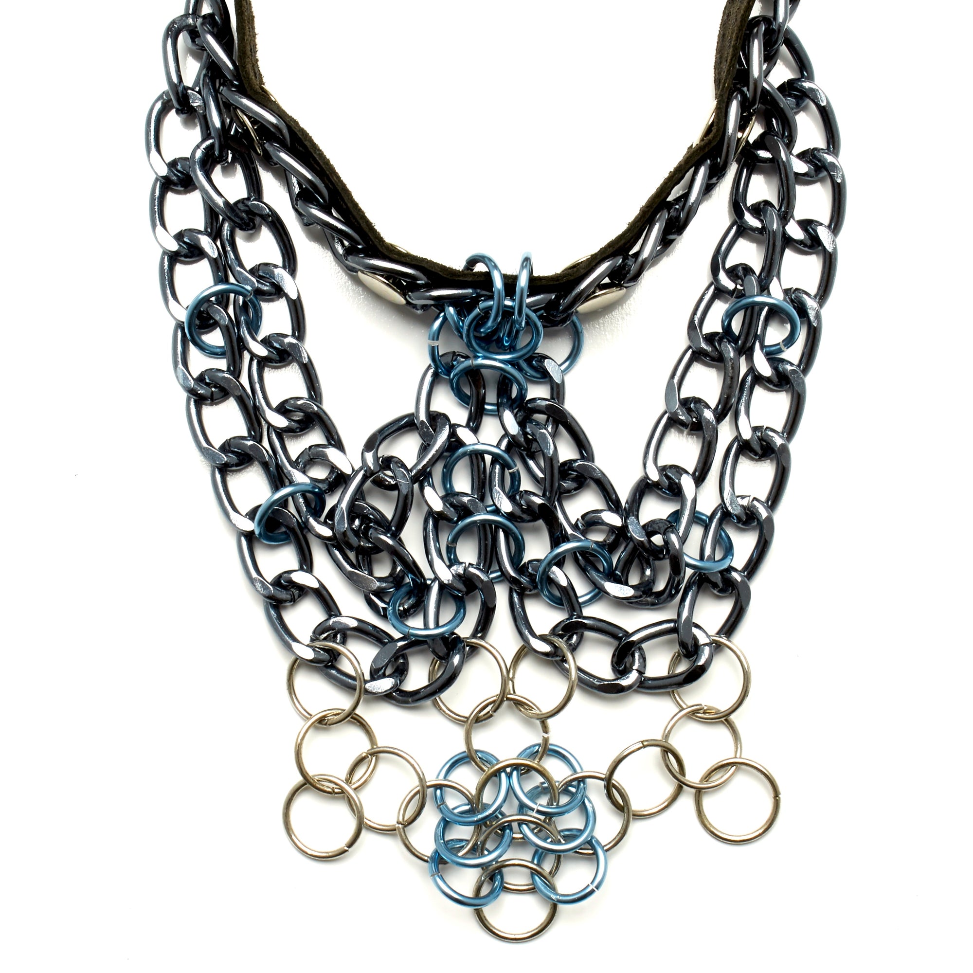 BLACK COWHIDE CHOKER NECKLACE WITH CLUSTER OF CHAINS AND CHAINMAILLE WORK. by nyet jewelry