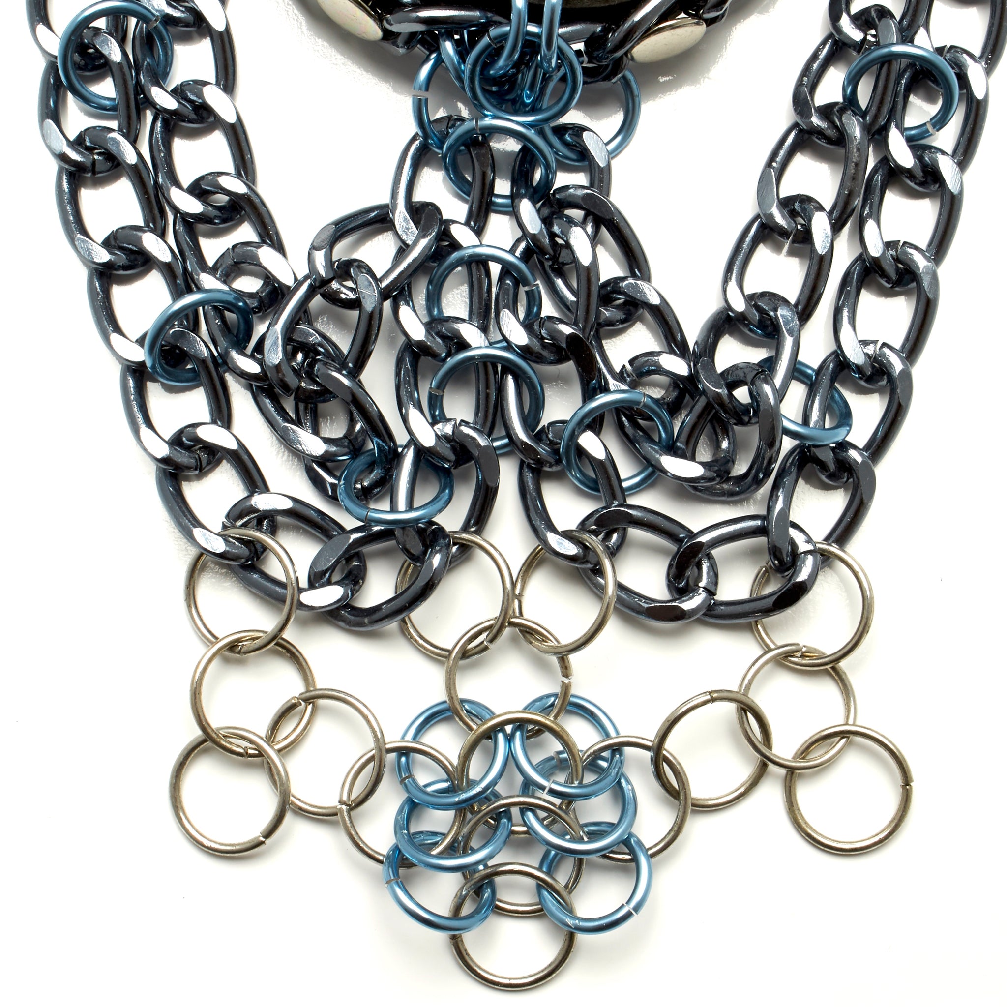 BLACK COWHIDE CHOKER NECKLACE WITH CLUSTER OF CHAINS AND CHAINMAILLE WORK. by nyet jewelry