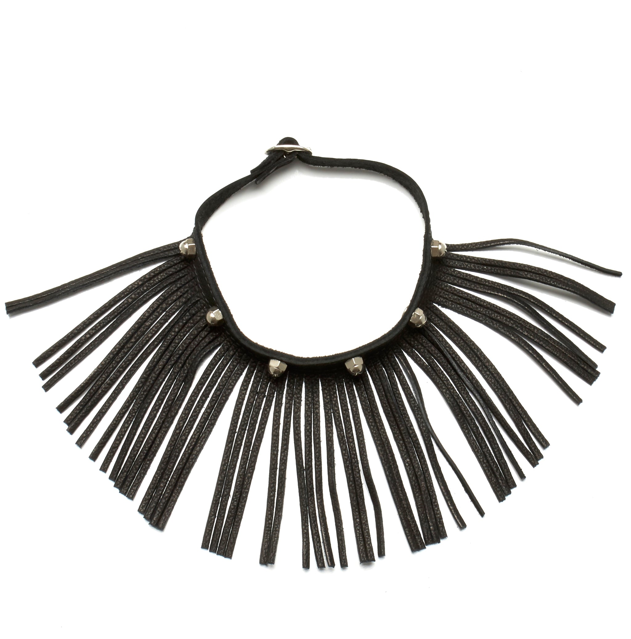 LEATHER CHOKER NECKLACE WITH DEERSKIN LEATHER FRINGE AND STAINLESS STEEL HARDWARE by nyet jewelry