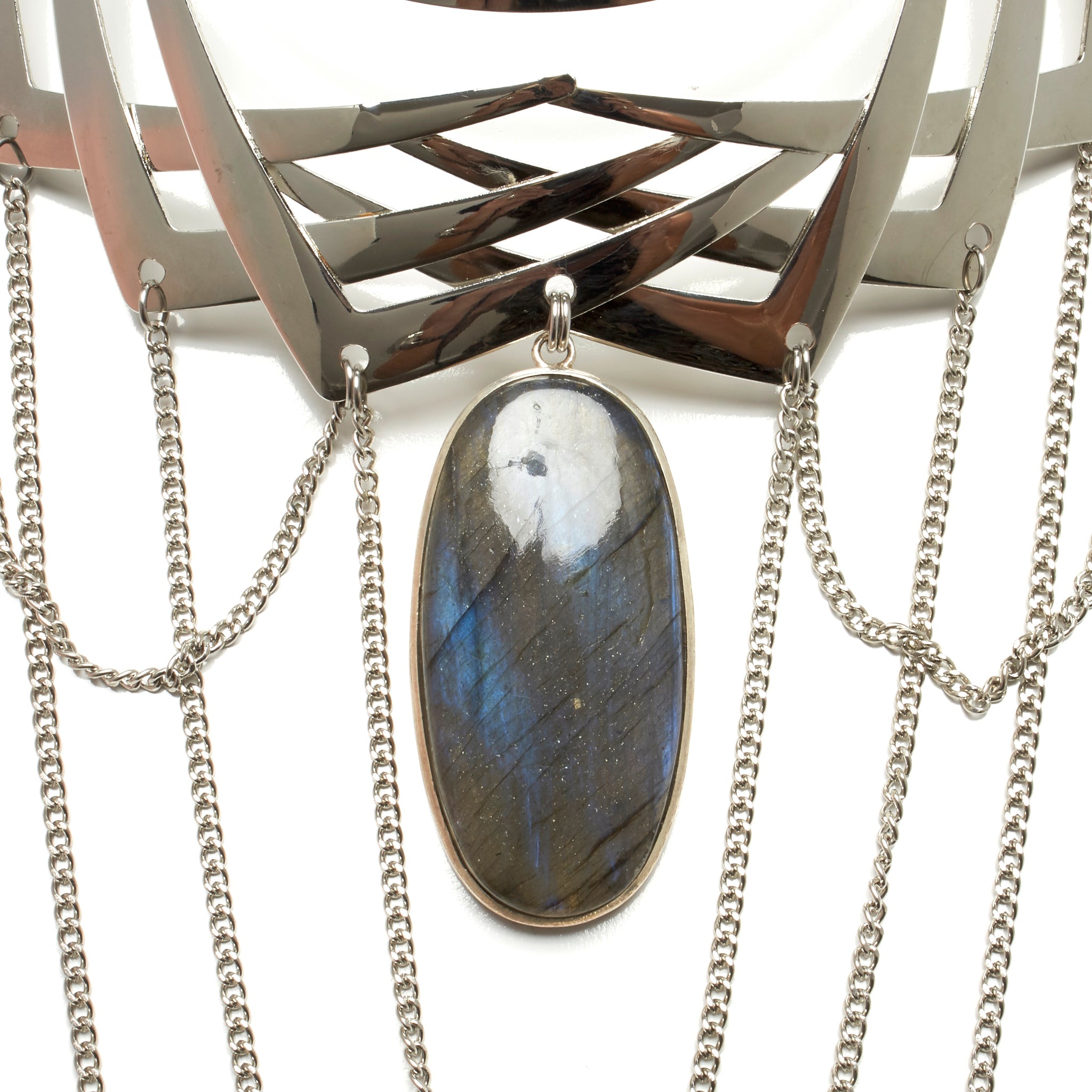 INTRICATE TORQUE NECKLACE WITH CHAINS AND LARGE LABRADORITE STONE PENDENT. by nyet jewelry.
