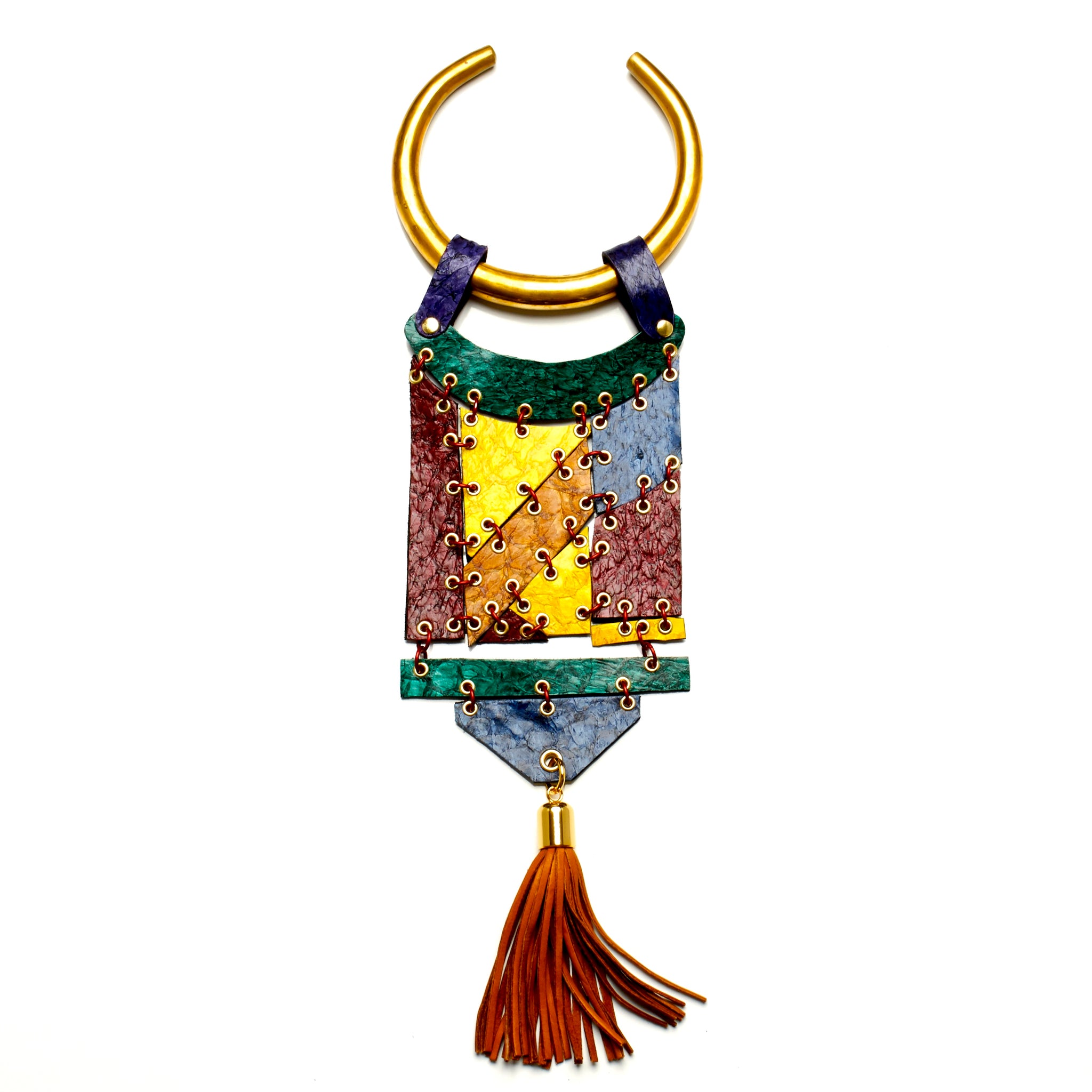THICK ROUND SOLID BRASS TORQUE NECKLACE WITH HINGED PANELS MADE OF FISH LEATHER WITH DEERSKIN TASSEL BY NYET JEWELRY.