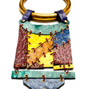 THICK ROUND SOLID BRASS TORQUE NECKLACE WITH HINGED PANELS MADE OF FISH LEATHER WITH DEERSKIN TASSEL BY NYET JEWELRY.