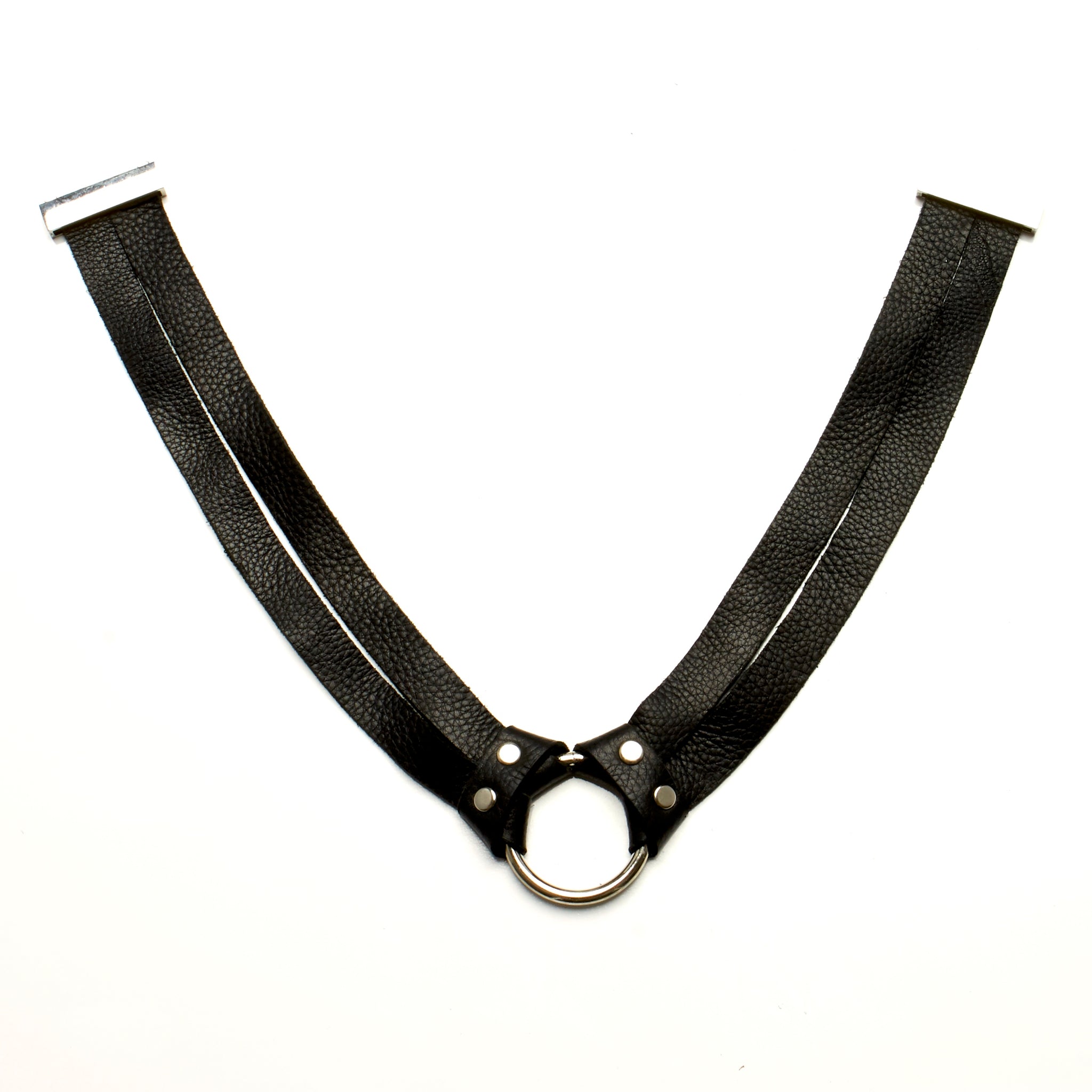 TWO STRAND DEERSKIN LEATHER CHOKER NECKLACE WITH STAINLESS STEEL RING.  BY NYET JEWELRY