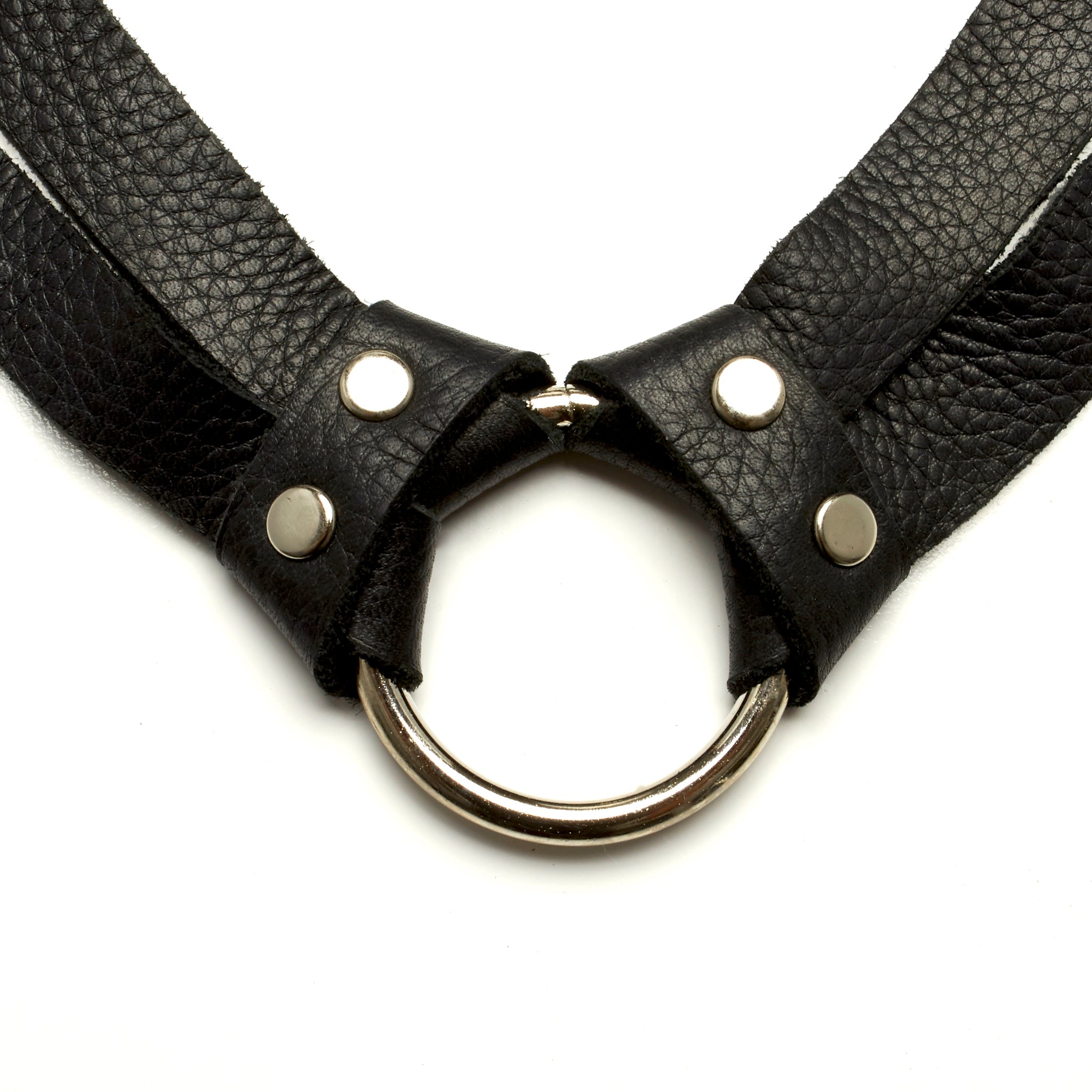 TWO STRAND DEERSKIN LEATHER CHOKER NECKLACE WITH STAINLESS STEEL RING.  BY NYET JEWELRY