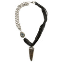 MULTI STRAND DEERSKIN LEATHER AND TWO STRANDS OF CHAIN NECKLACE WITH PAVE RHINESTONE, DRUZY ACCENT AND HORN PENDENT.  by nyet jewelry.