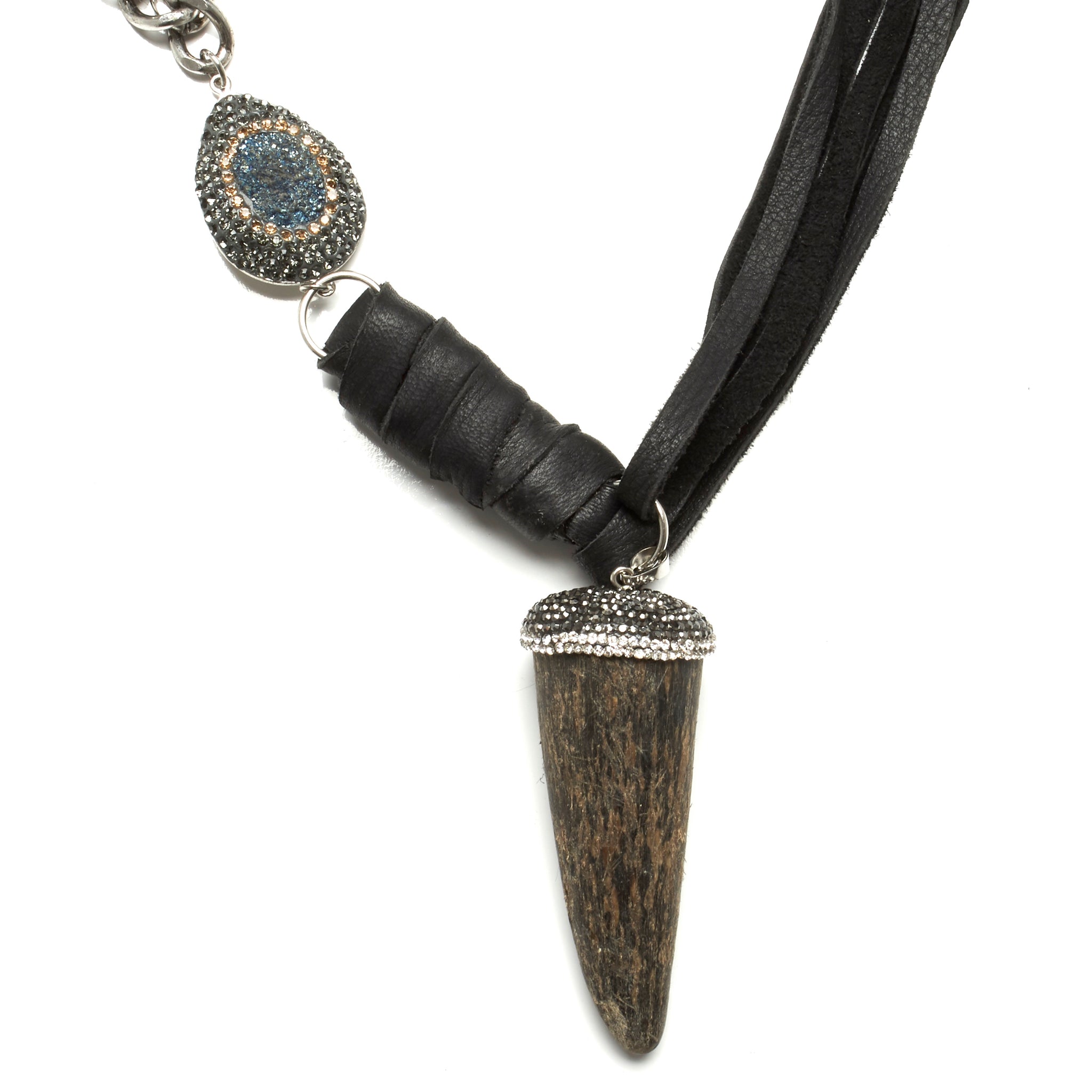 MULTI STRAND DEERSKIN LEATHER AND TWO STRANDS OF CHAIN NECKLACE WITH PAVE RHINESTONE, DRUZY ACCENT AND HORN PENDENT.  by nyet jewelry.