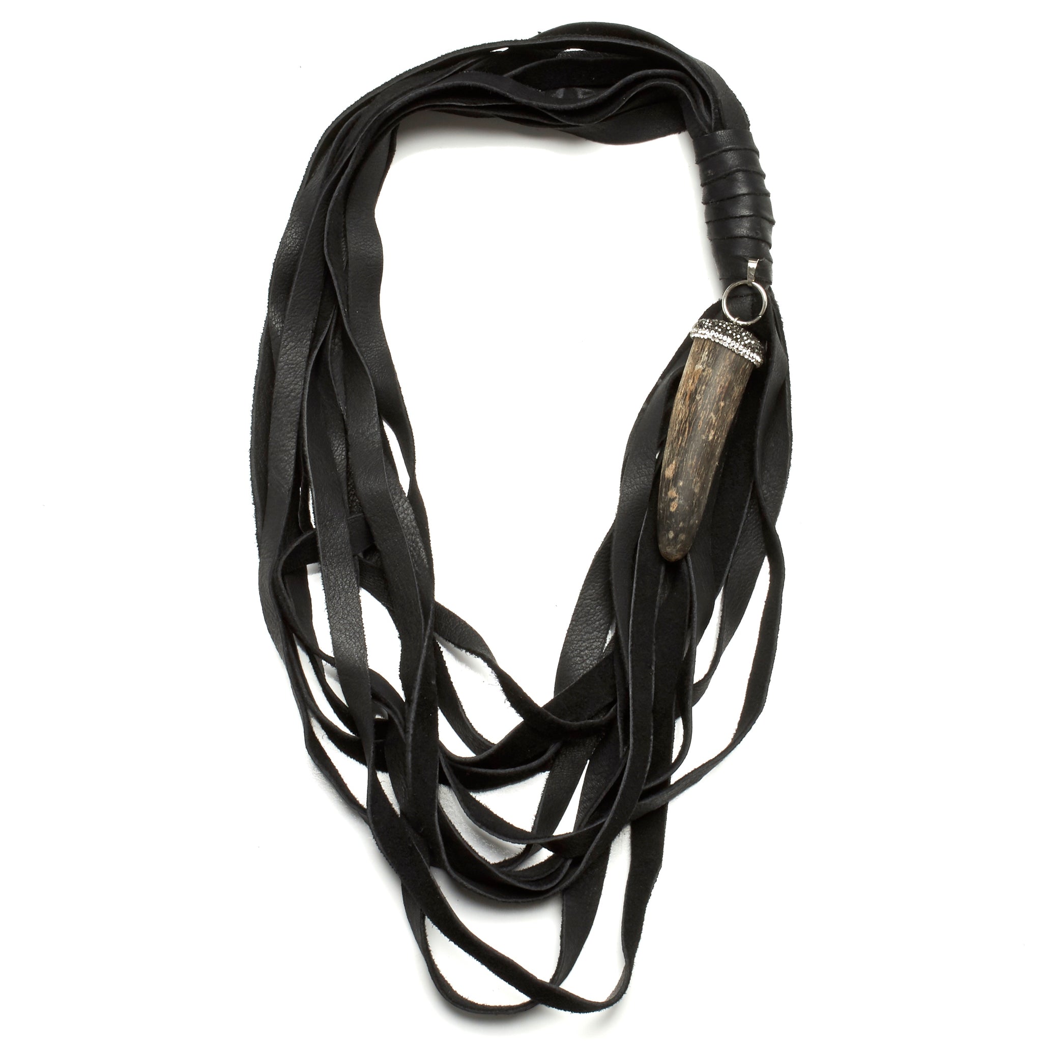 MULTI STRAND DEERSKIN LEATHER NECKLACE WITH PAVE RHINESTONE AND HORN PENDENT. by NYET Jewelry