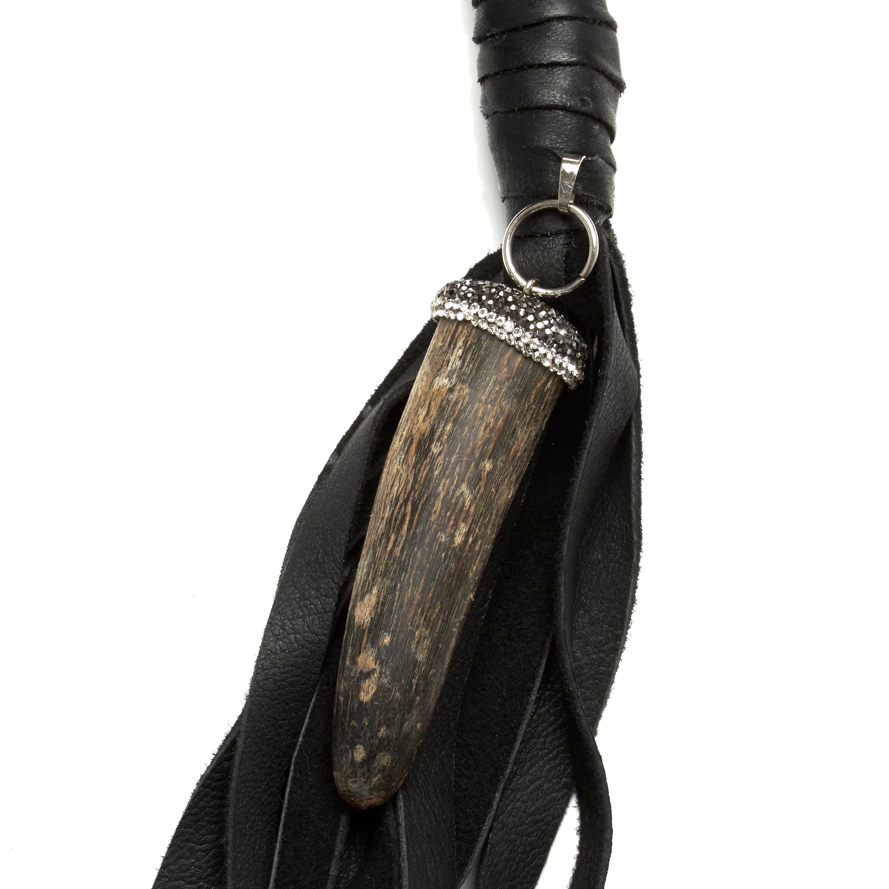 MULTI STRAND DEERSKIN LEATHER NECKLACE WITH PAVE RHINESTONE AND HORN PENDENT. by NYET Jewelry