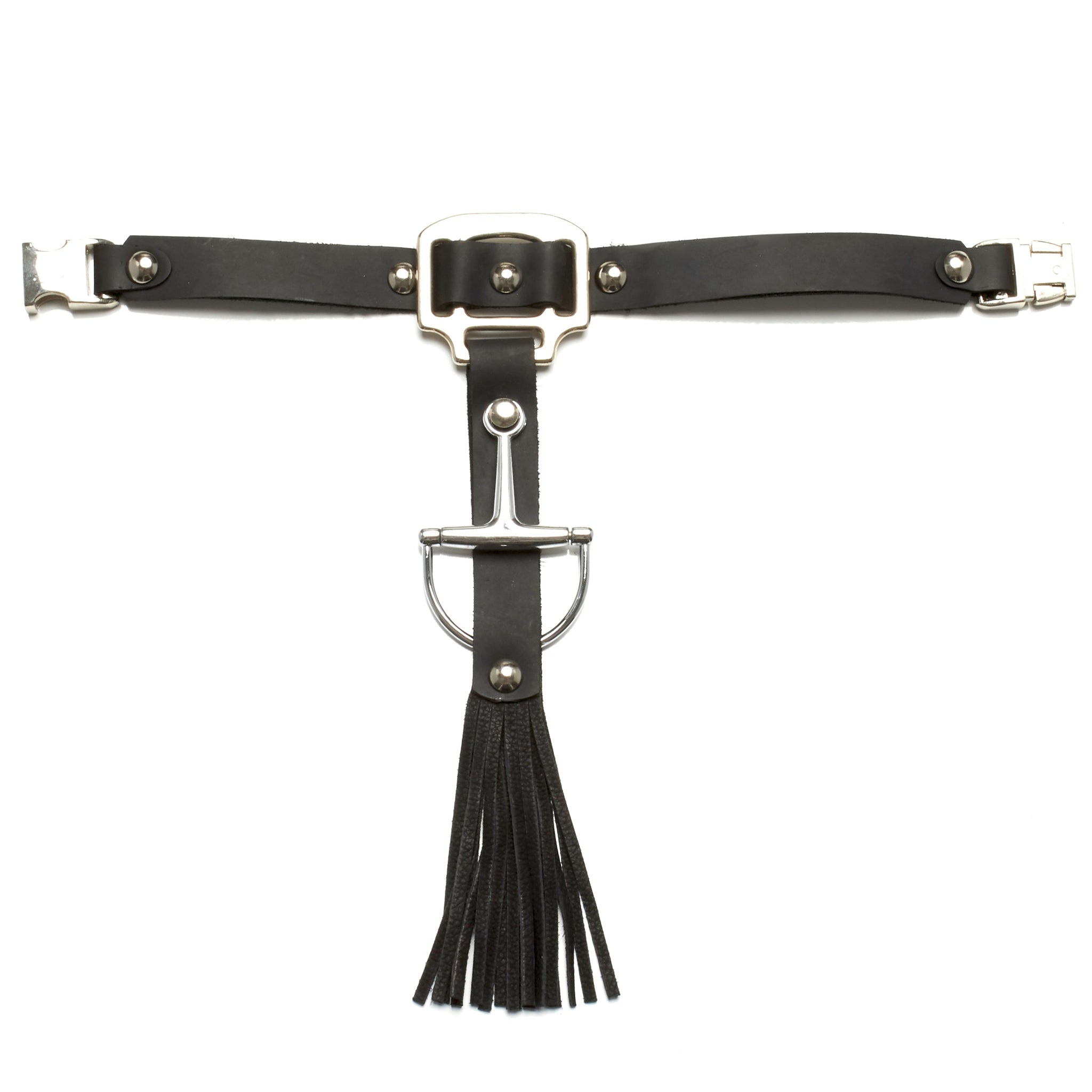 STONE OILED LEATHER CHOKER NECKLACE WITH EQUESTRIAN HARDWARE AND LONG DEERSKIN LEATHER FRINGE. by nyet jewelry.
