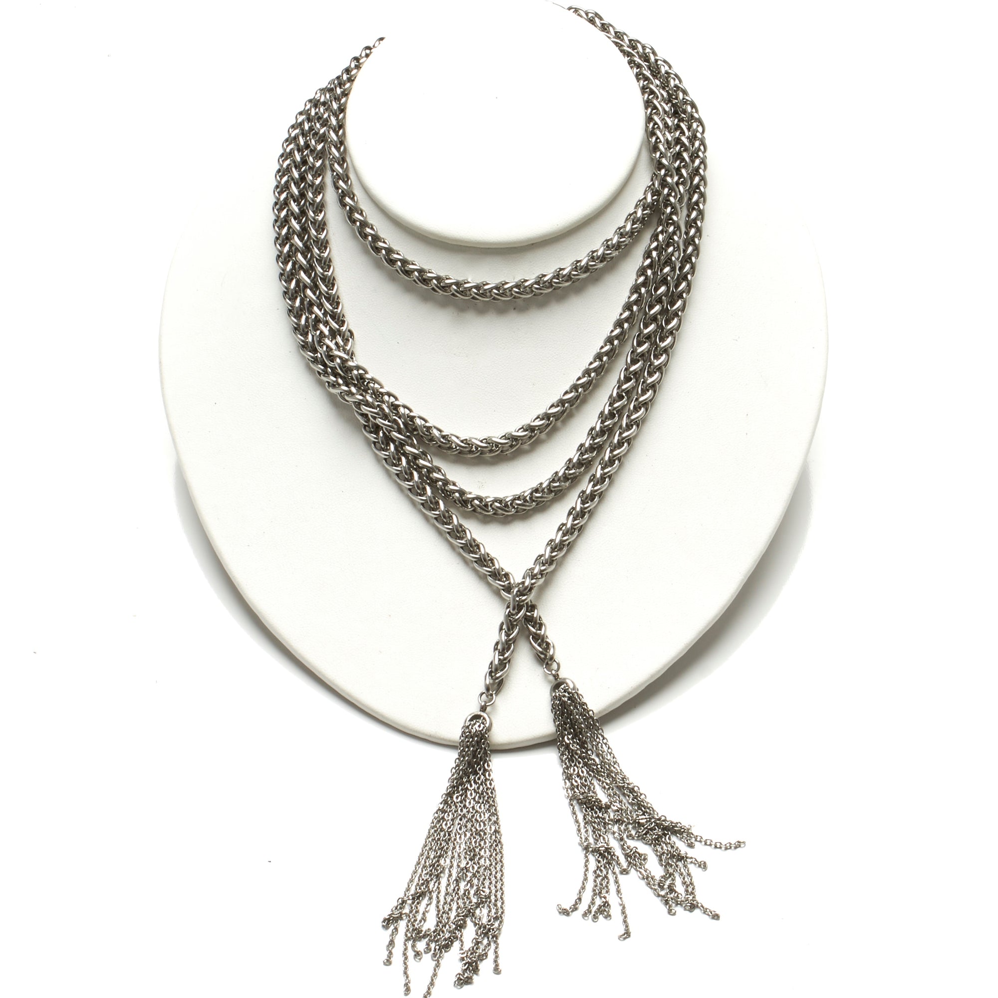 EXTRA LONG STAINLESS STEEL LARIAT NECKLACE WITH CHAIN TASSELS. by NYET Jewelry.