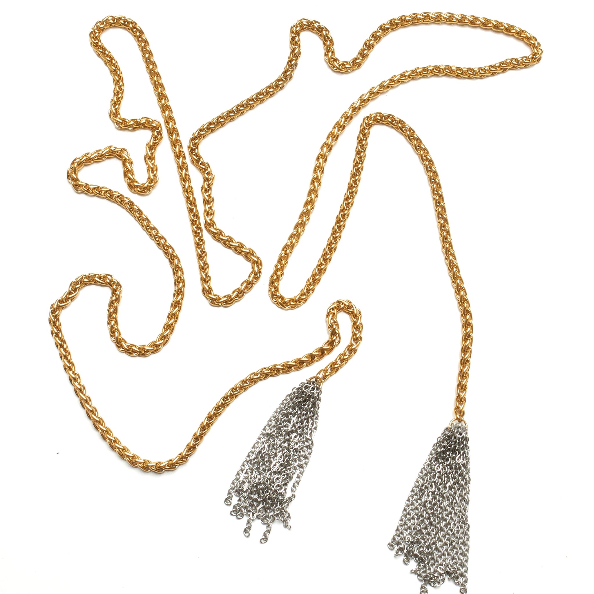 Extra Long Gold over Stainless Steel Lariat With Chain Tassels NYET Jewelry